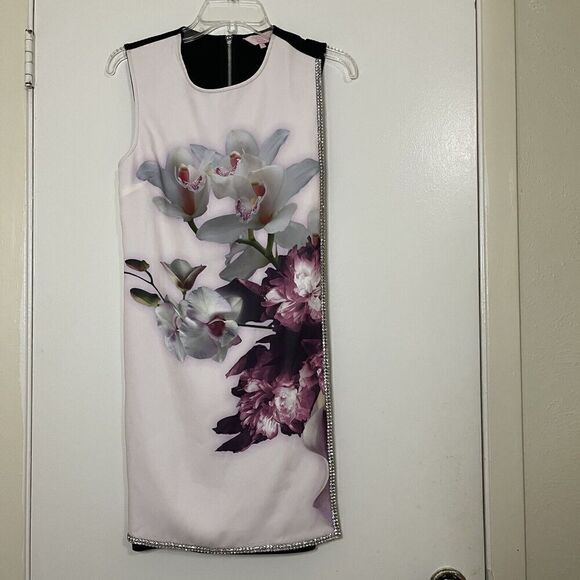 Ted baker blush pink floral rhinestone trim sleeveless shift dress size 1 US XS - Picture 1 of 7